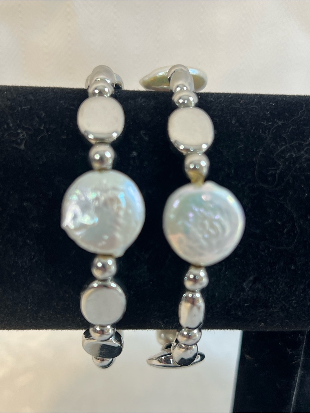 Bracelets Two Stretch Silver Tone Beads & Discs  Faux Pearls Jewelry